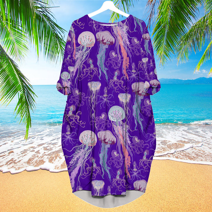 Jellyfish Squid Swimming Undersea Long Sleeve Midi Dress | MD1114