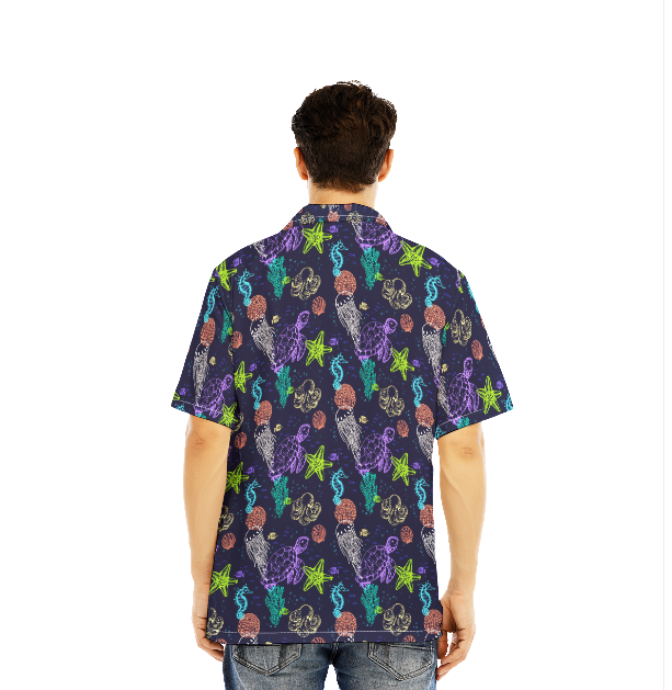 Jellyfish Turtle Starfish Seashell Neon Colorful Sea Life Pattern Aloha Hawaiian Shirts For Men And For Women WT6237