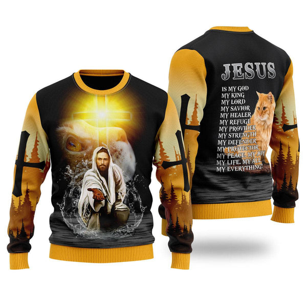 Jesus And Cat My Everything Ugly Christmas Sweater | For Men & Women | UH2103-Colorful-Gerbera Prints.