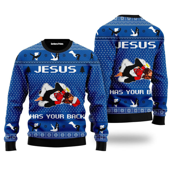 Jesus Has Your Back Jiu Jitsu Ugly Christmas Sweater | For Men & Women | US1028-Colorful-Gerbera Prints.