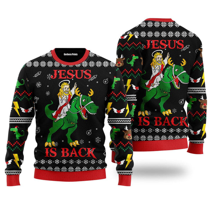 Jesus Ride Dinosaur Jesus Is Back Ugly Christmas Sweater | For Men & Women | UH1706-Colorful-Gerbera Prints.