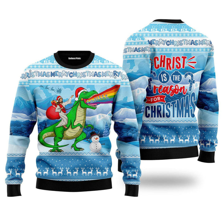 Jesus Riding A Dinosaur Christmas Jesus Ugly Christmas Sweater | For Men & Women | UH1911-Colorful-Gerbera Prints.