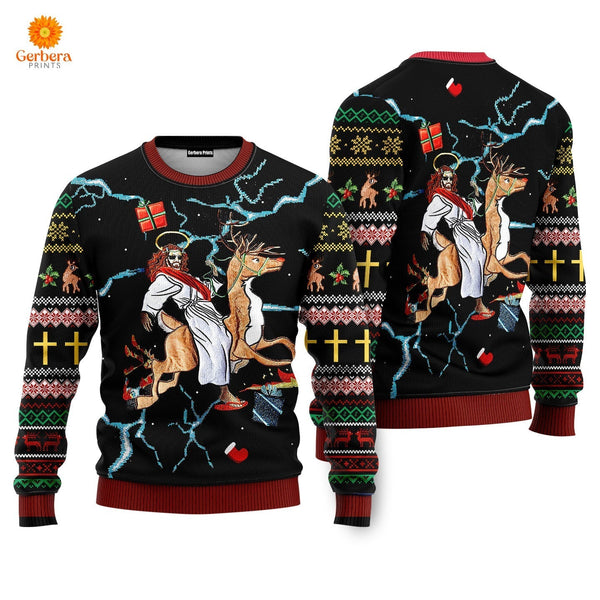 Jesus Riding Reindeer Black Christmas Ugly Christmas Sweater For Men & Women US1837-Colorful-Gerbera Prints.