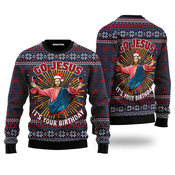 Jesus's Birthday Go Jesus Ugly Christmas Sweater | For Men & Women | UH1251-Colorful-Gerbera Prints.