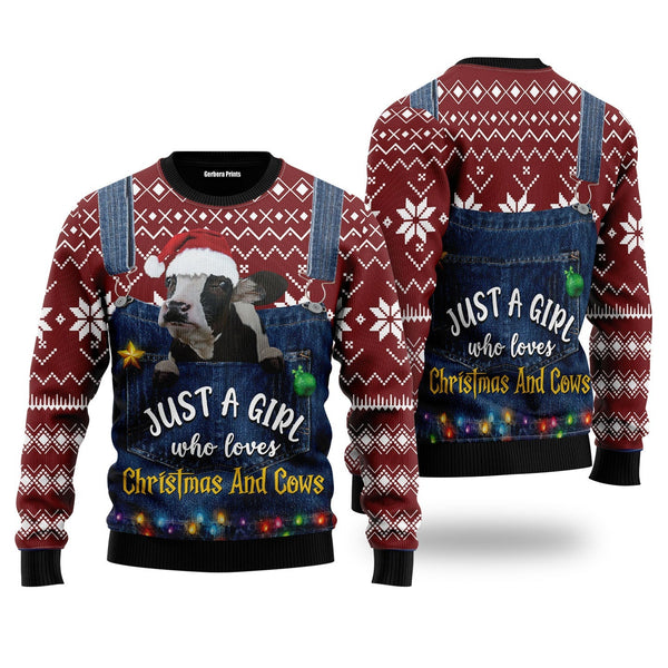 Just A Girl Who Loves Christmas And Cows Ugly Christmas Sweater For Men & Women US4520-Gerbera Prints.