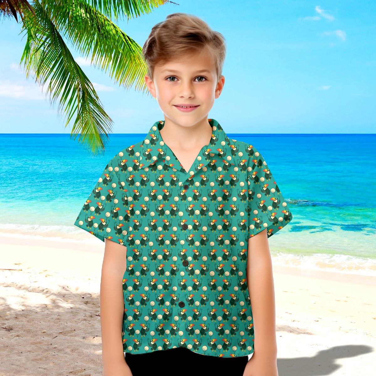 Toucan Tee Time Kids Hawaiian Shirt - Model Front