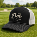 Live Free Crossed Golf Clubs Embroidered Trucker Hat - Lifestyle, Black - White