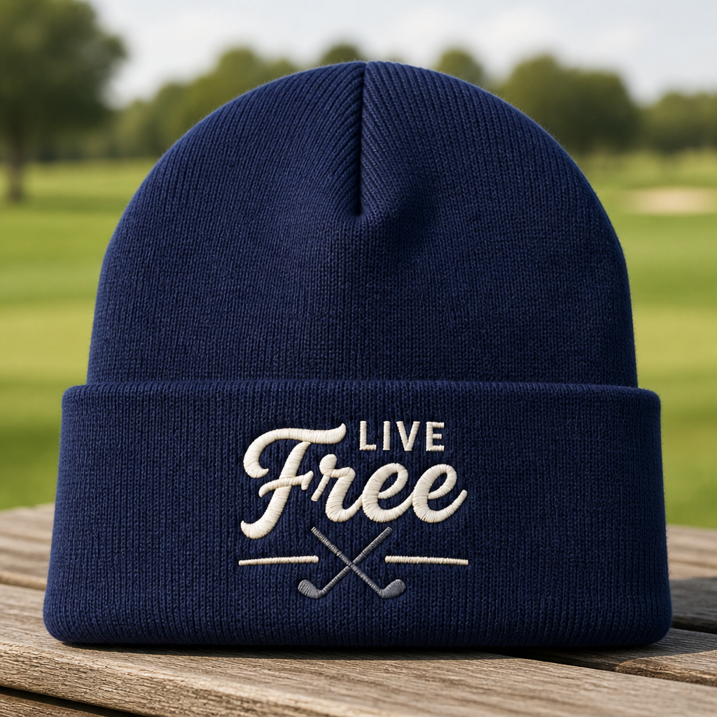 Live Free Crossed Golf Clubs Embroidered Beanie - Front View, Sport Grey