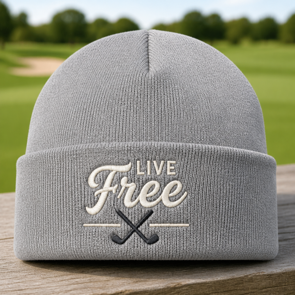 Live Free Crossed Golf Clubs Embroidered Beanie - Front View, Sport Grey