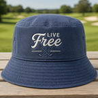 Live Free Crossed Golf Clubs Embroidered Bucket Hat - Front View, Navy