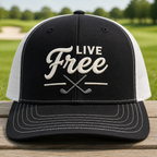 Live Free Crossed Golf Clubs Embroidered Trucker Hat - Front View, Black - White