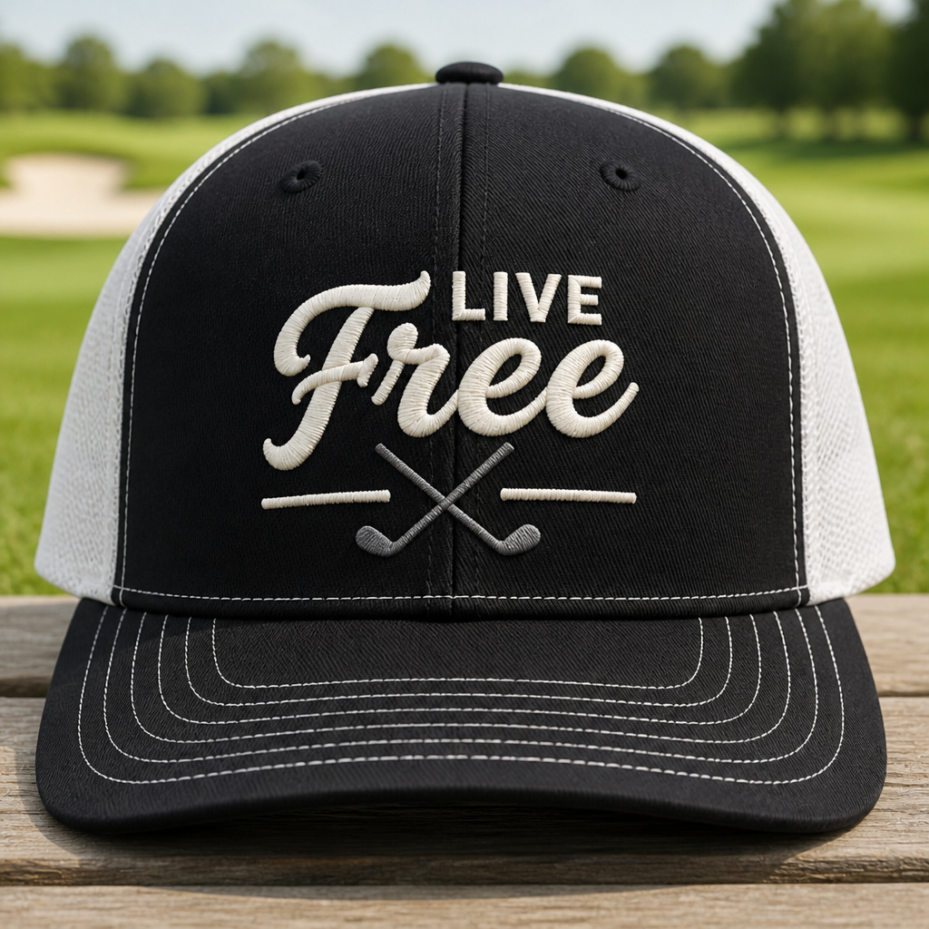 Live Free Crossed Golf Clubs Embroidered Trucker Hat - Front View, Black - White