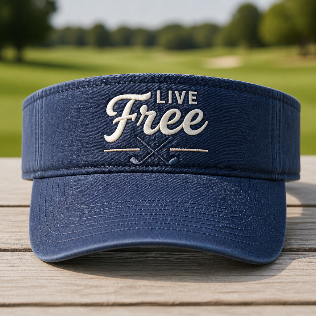 Live Free Crossed Golf Clubs Embroidered Visor - Front View, Navy