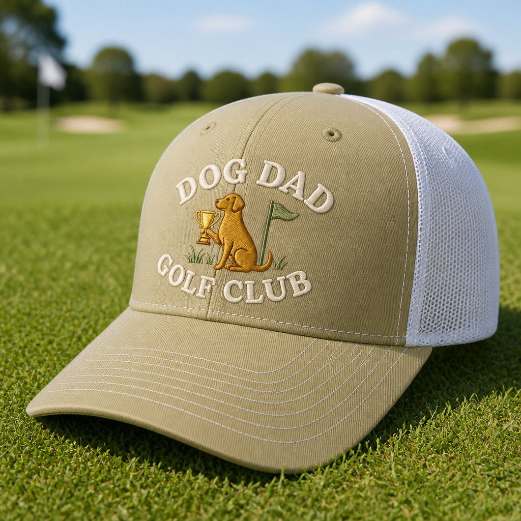 Dog Dad Golf Trophy Custom Name Embroidered Trucker Hat - Lifestyle, Khaki - White