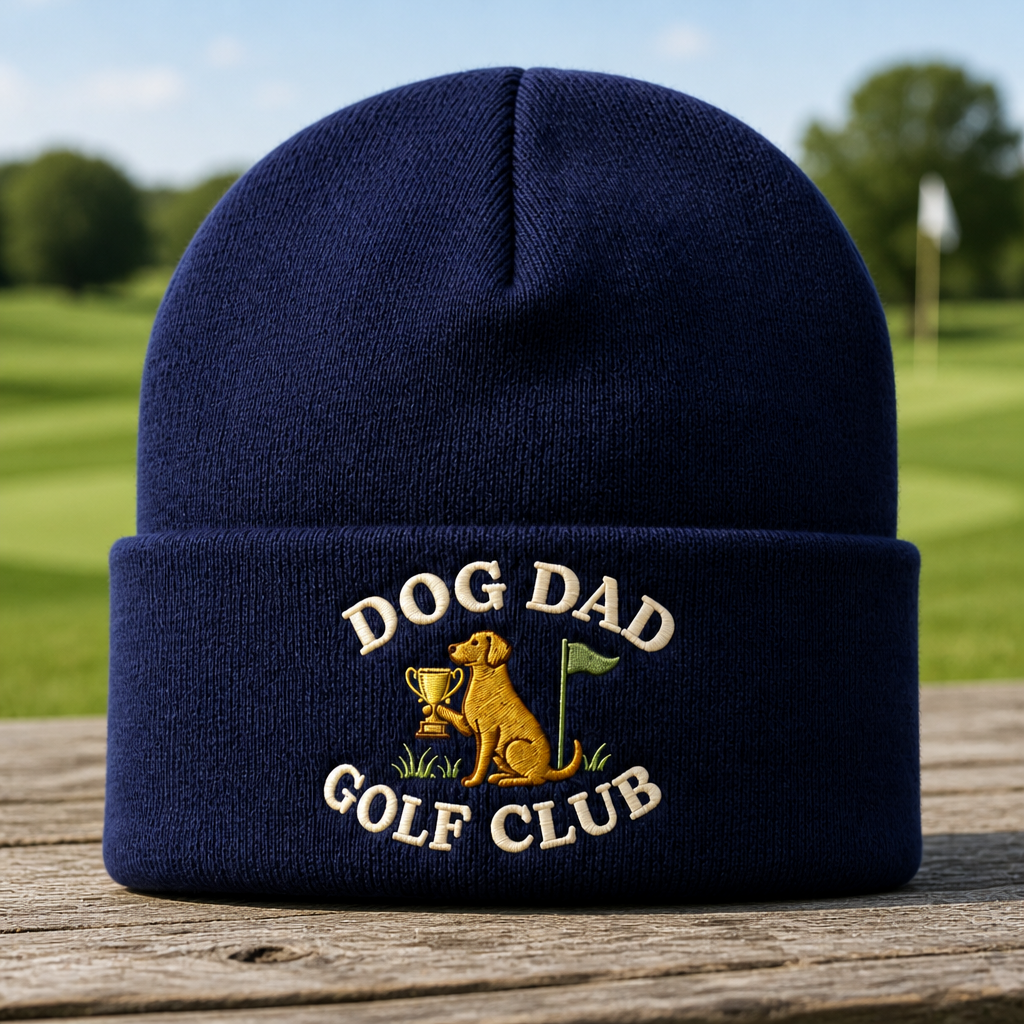 Dog Dad Golf Trophy Custom Name Embroidered Beanie - Front View, Sport Grey