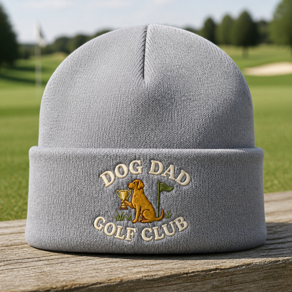 Dog Dad Golf Trophy Custom Name Embroidered Beanie - Front View, Sport Grey