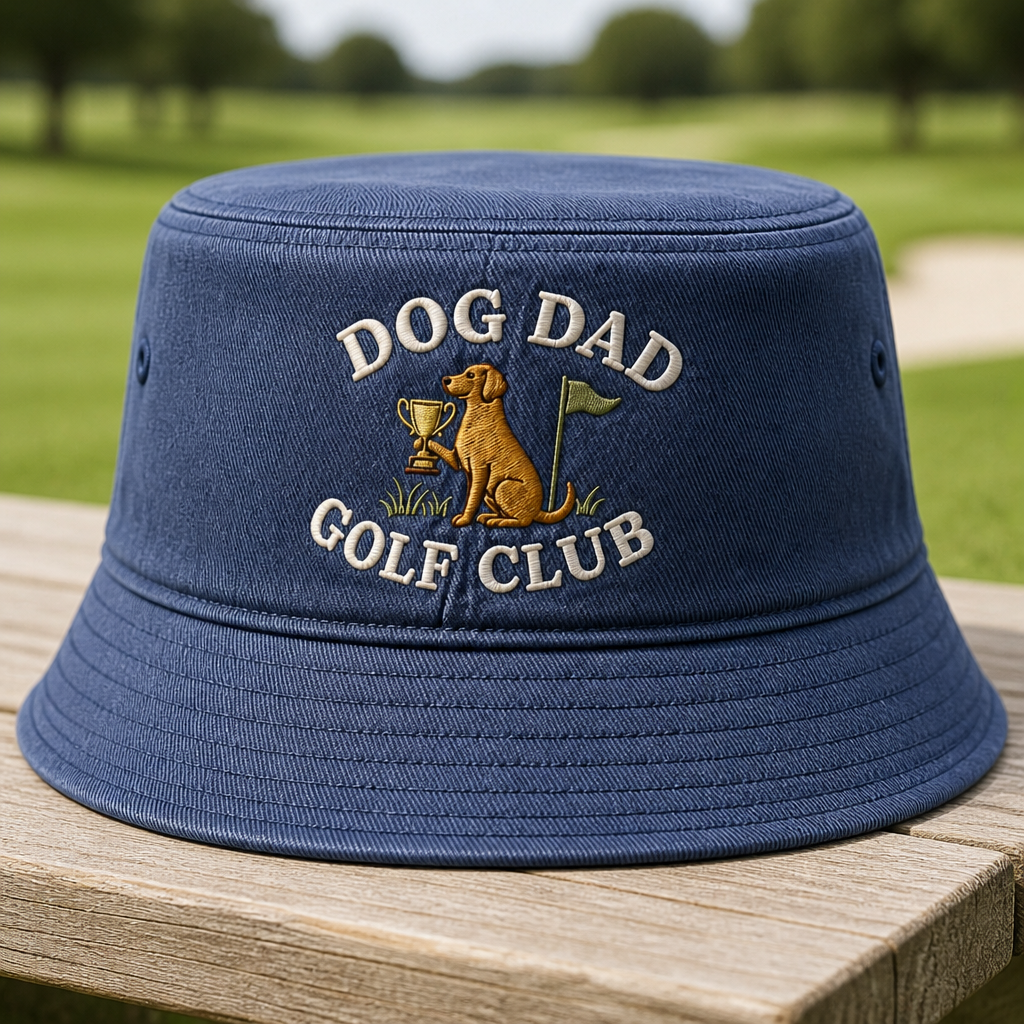 Dog Dad Golf Trophy Custom Name Embroidered Bucket Hat - Front View, Navy