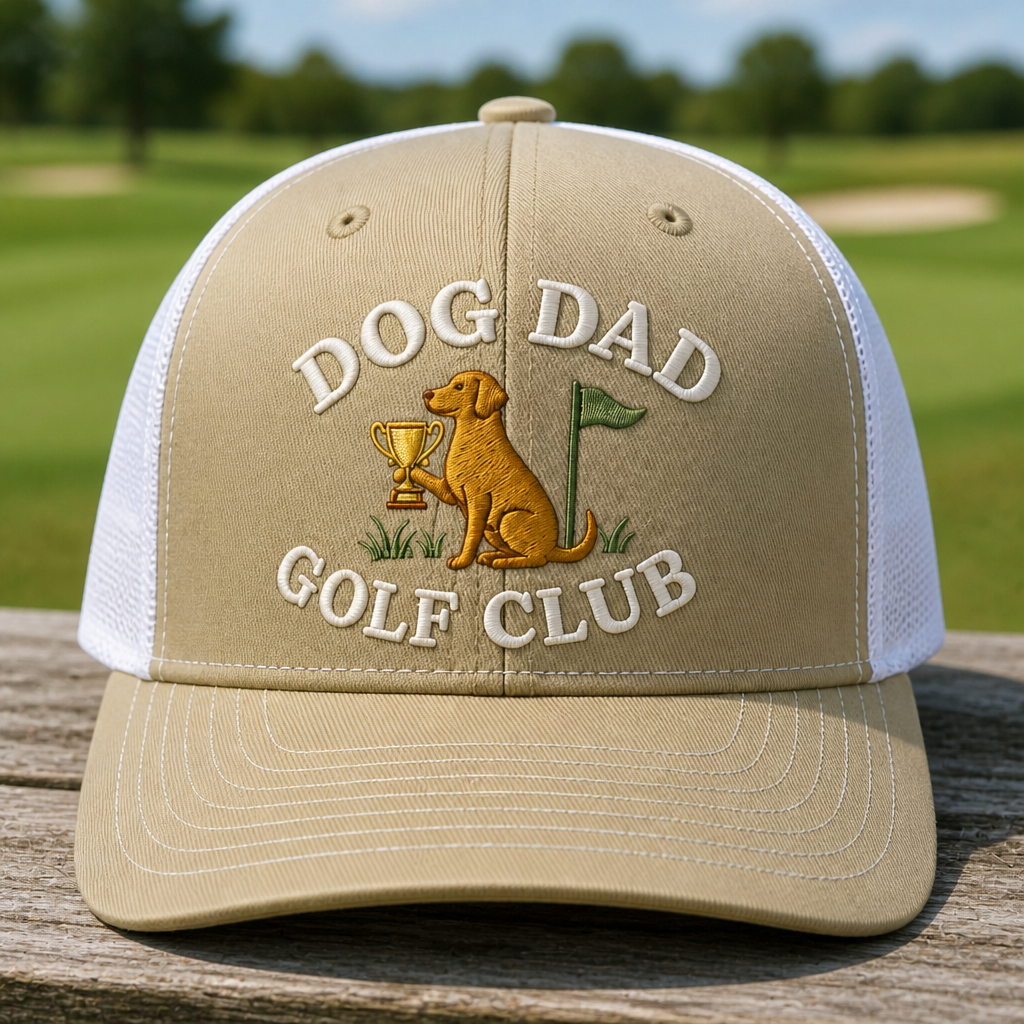 Dog Dad Golf Trophy Custom Name Embroidered Trucker Hat - Front View, Khaki - White
