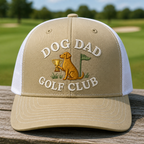 Dog Dad Golf Trophy Custom Name Embroidered Trucker Hat - Front View, Khaki - White