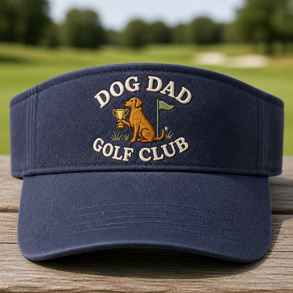 Dog Dad Golf Trophy Custom Name Embroidered Visor - Front View, Khaki