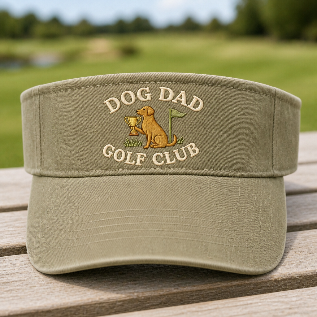 Dog Dad Golf Trophy Custom Name Embroidered Visor - Front View, Khaki