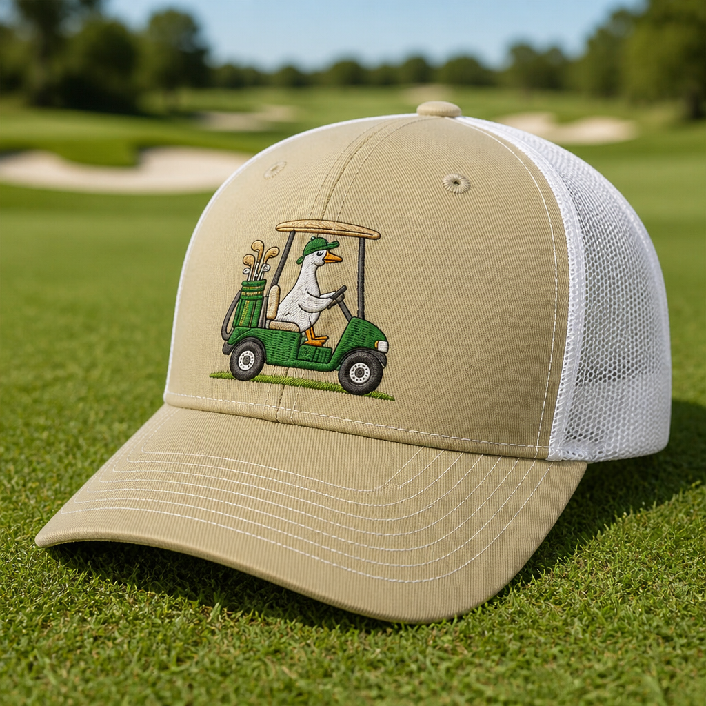 Goose Driving a Golf Cart Embroidered Trucker Hat - Lifestyle, Khaki - White