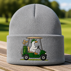 Goose Driving a Golf Cart Embroidered Beanie - Front View, Sport Grey