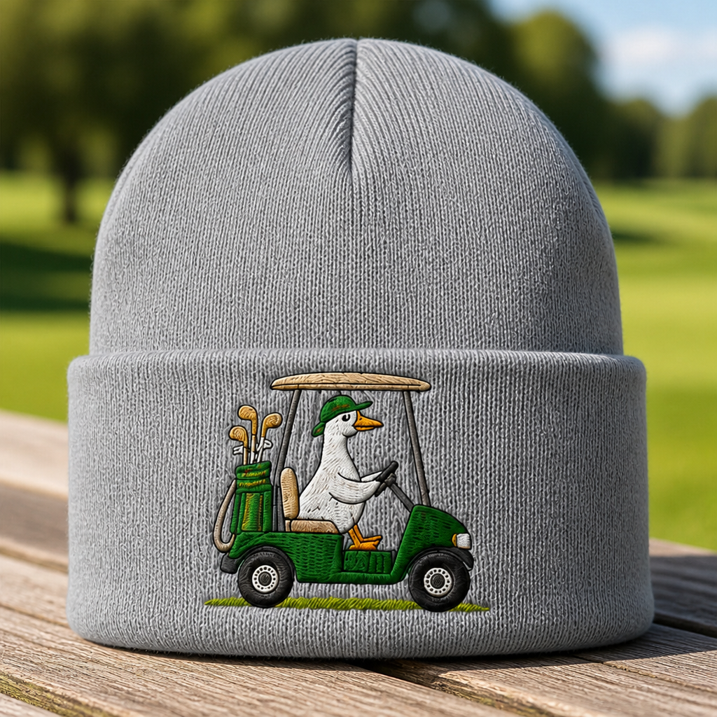 Goose Driving a Golf Cart Embroidered Beanie - Front View, Sport Grey
