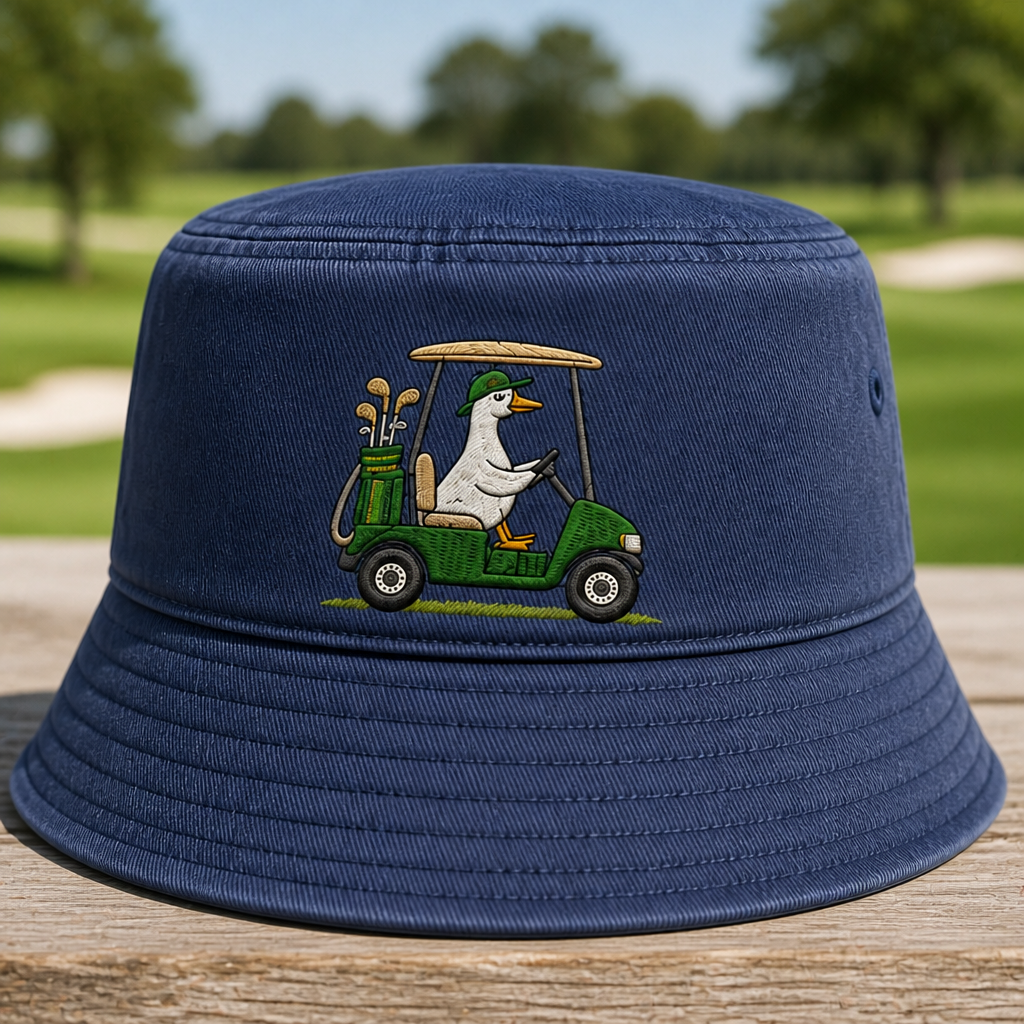 Goose Driving a Golf Cart Embroidered Bucket Hat - Front View, Navy
