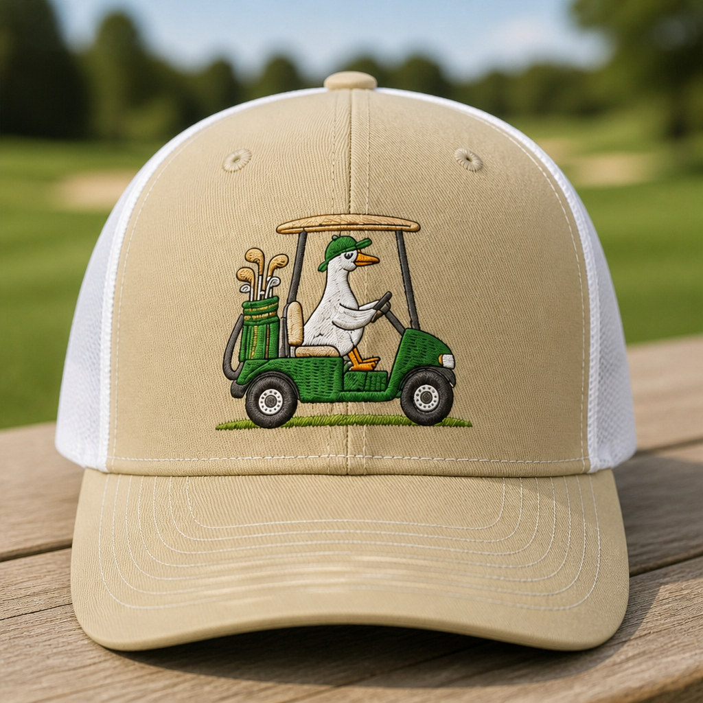 Goose Driving a Golf Cart Embroidered Trucker Hat - Front View, Khaki - White