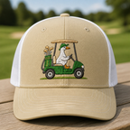 Goose Driving a Golf Cart Embroidered Trucker Hat - Front View, Khaki - White