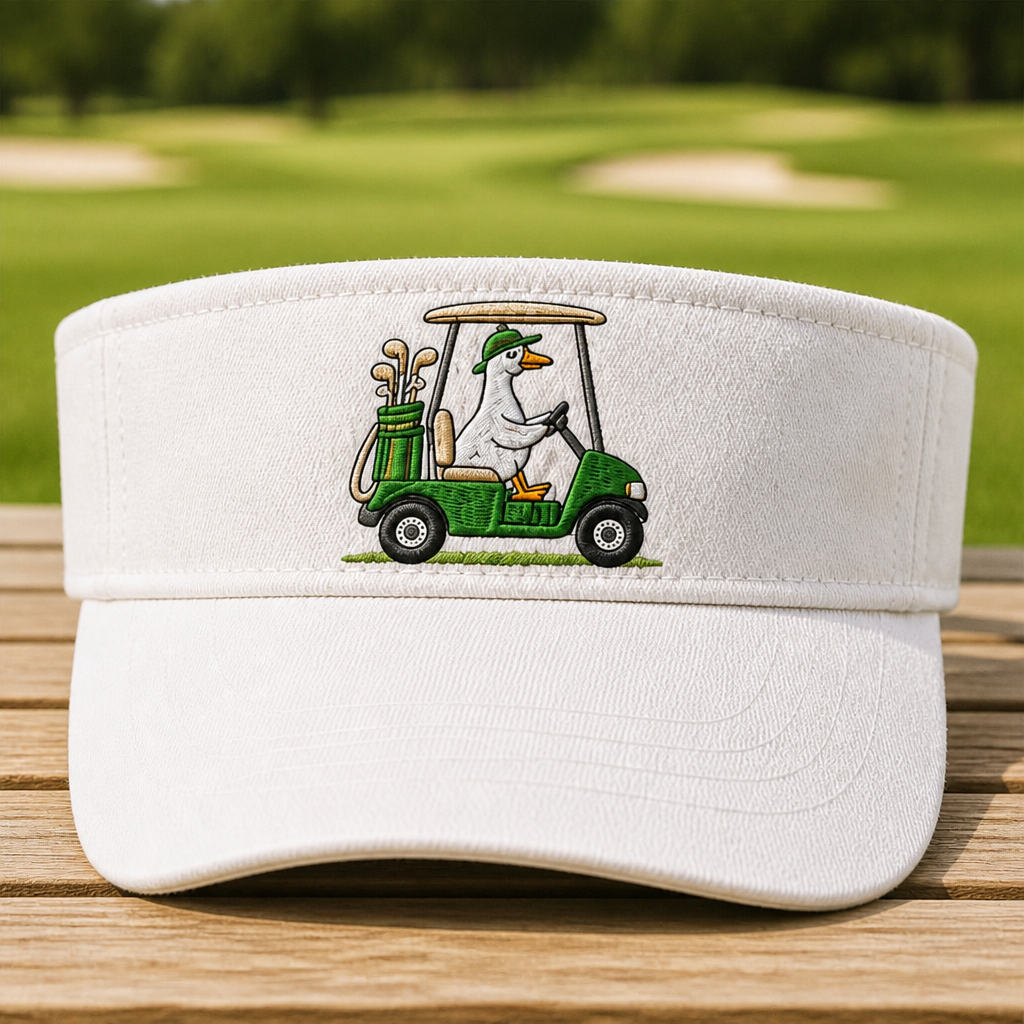 Goose Driving a Golf Cart Embroidered Visor - Front View, White