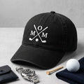 Golf mom monogram hat with crossed clubs and golf ball embroidery