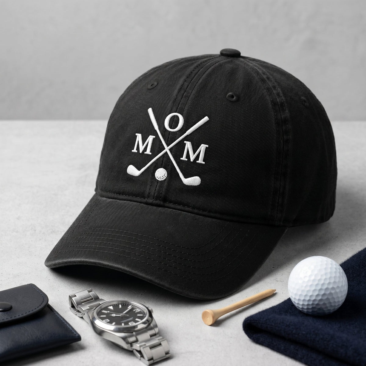 Golf mom monogram hat with crossed clubs and golf ball embroidery