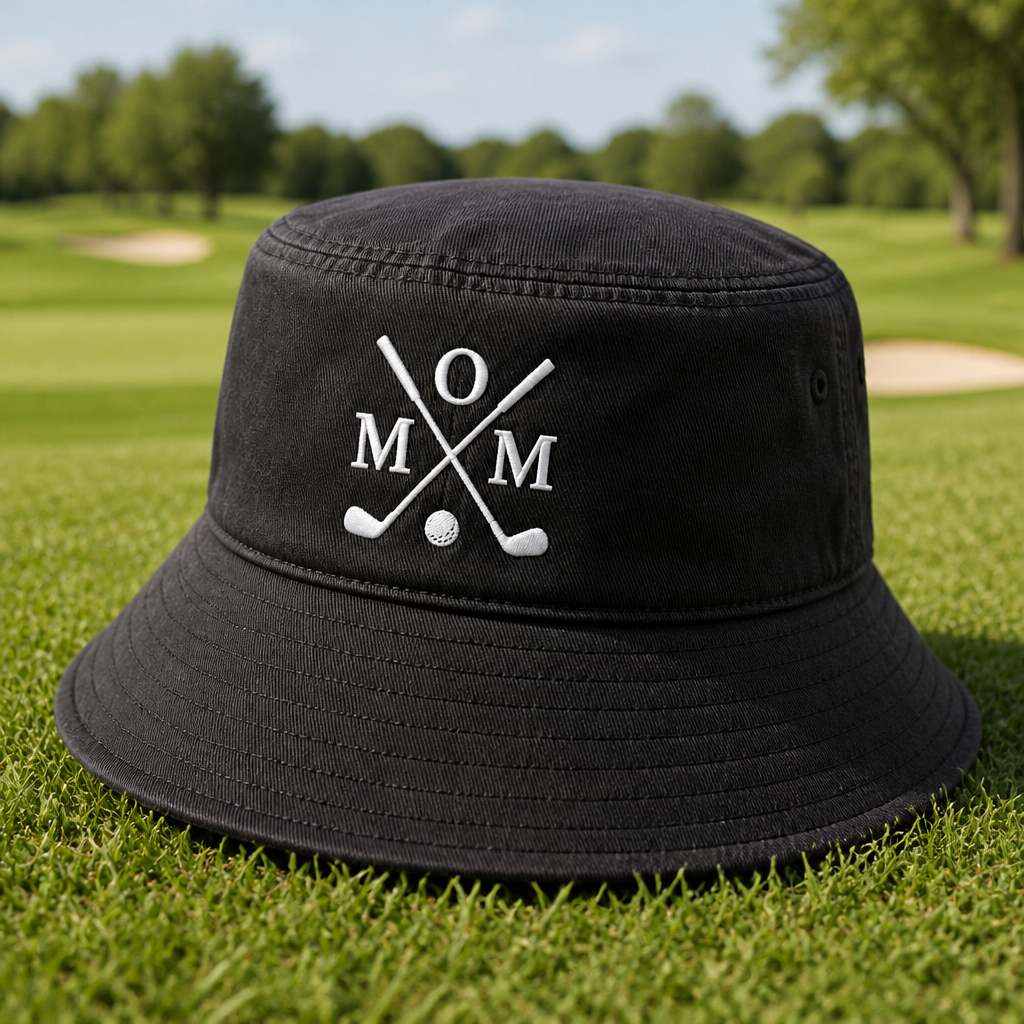 Golf Mom Monogram Crossed Clubs Embroidered Bucket Hat - Lifestyle, Black
