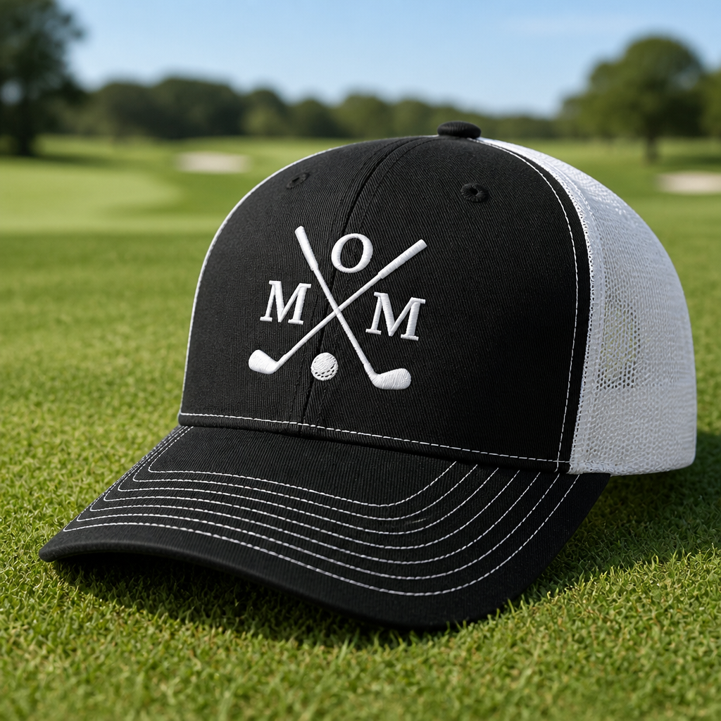 Golf Mom Monogram Crossed Clubs Embroidered Trucker Hat - Lifestyle, Black - White