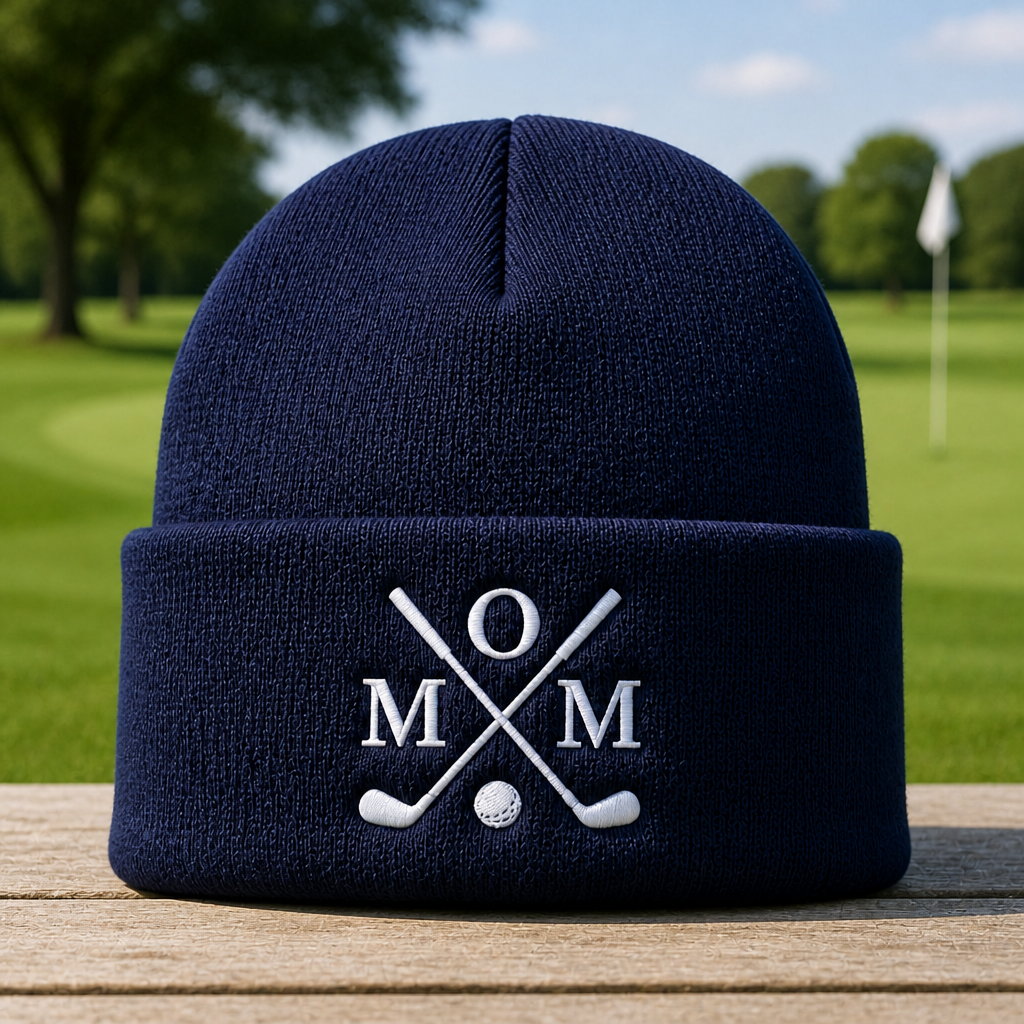 Golf Mom Monogram Crossed Clubs Embroidered Beanie - Front View, Navy
