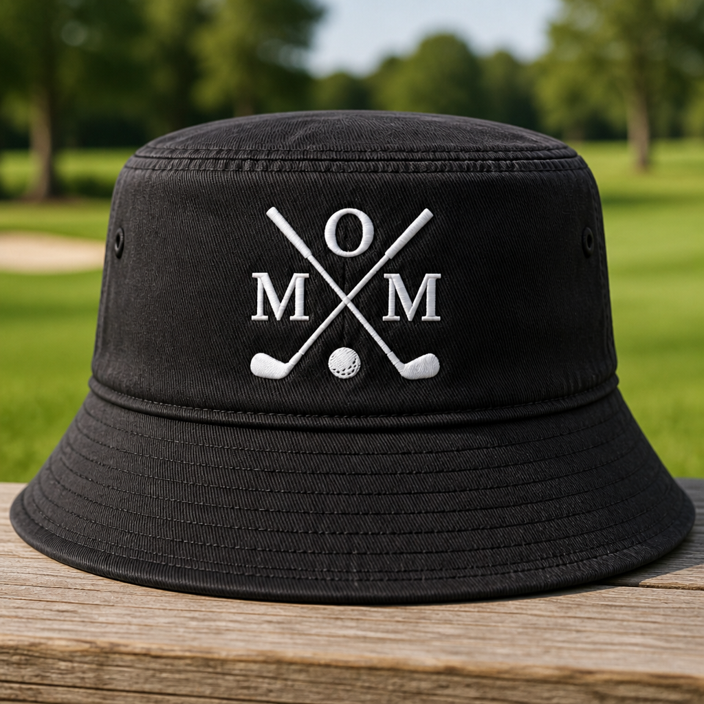 Golf Mom Monogram Crossed Clubs Embroidered Bucket Hat - Front View, Black