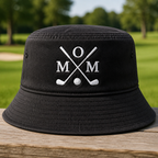 Golf Mom Monogram Crossed Clubs Embroidered Bucket Hat - Front View, Black