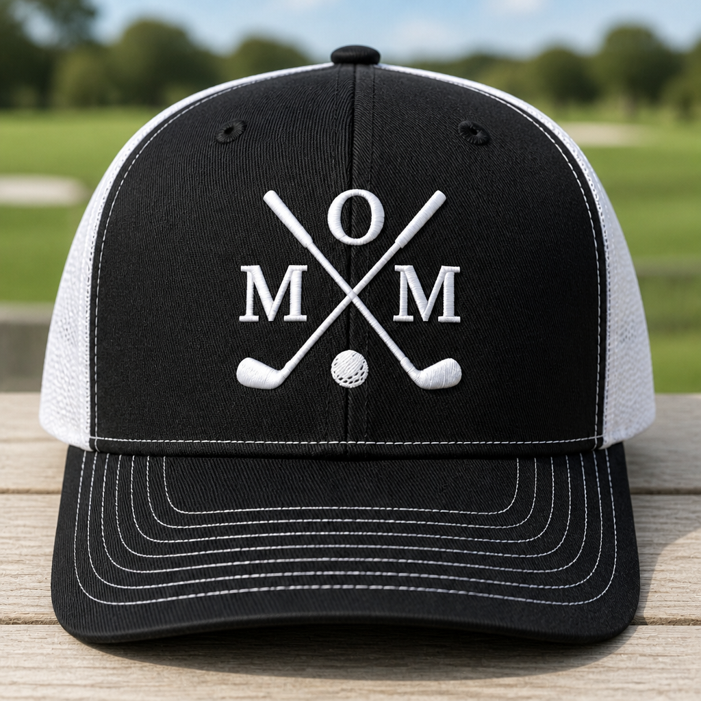 Golf Mom Monogram Crossed Clubs Embroidered Trucker Hat - Front View, Black - White