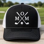 Golf Mom Monogram Crossed Clubs Embroidered Trucker Hat - Front View, Black - White