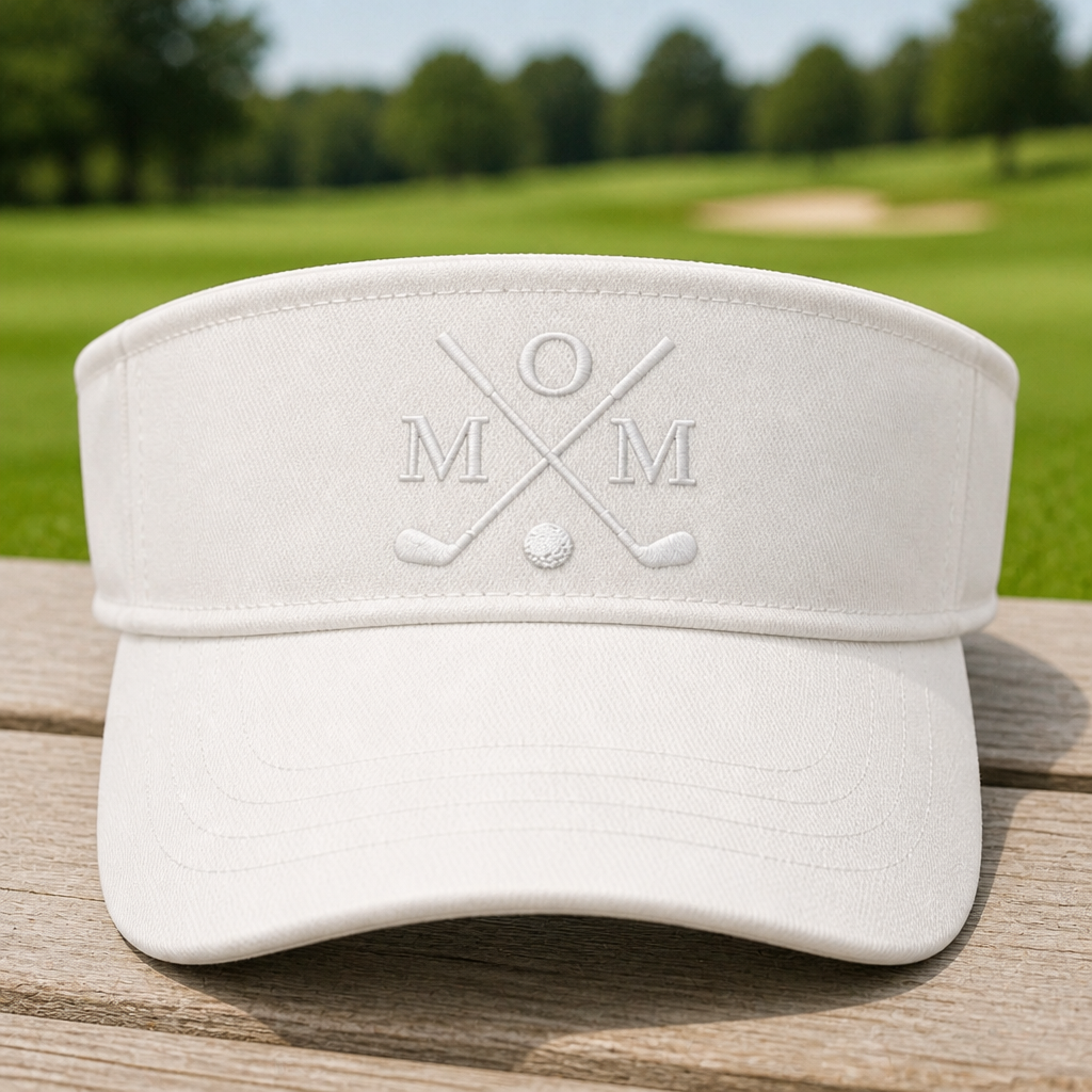 Golf Mom Monogram Crossed Clubs Embroidered Visor - Front View, White