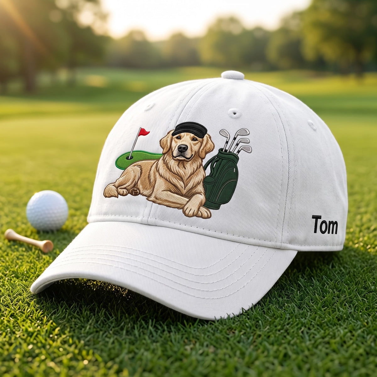 Personalized embroidered golden retriever golfer two-tone hat