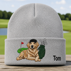 Personalized Golden Retriever Golfer Embroidered Beanie - Front View, Sport Grey