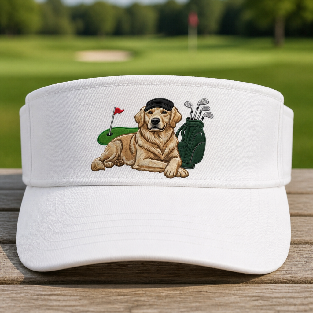 Personalized Golden Retriever Golfer Embroidered Visor - Front View, White