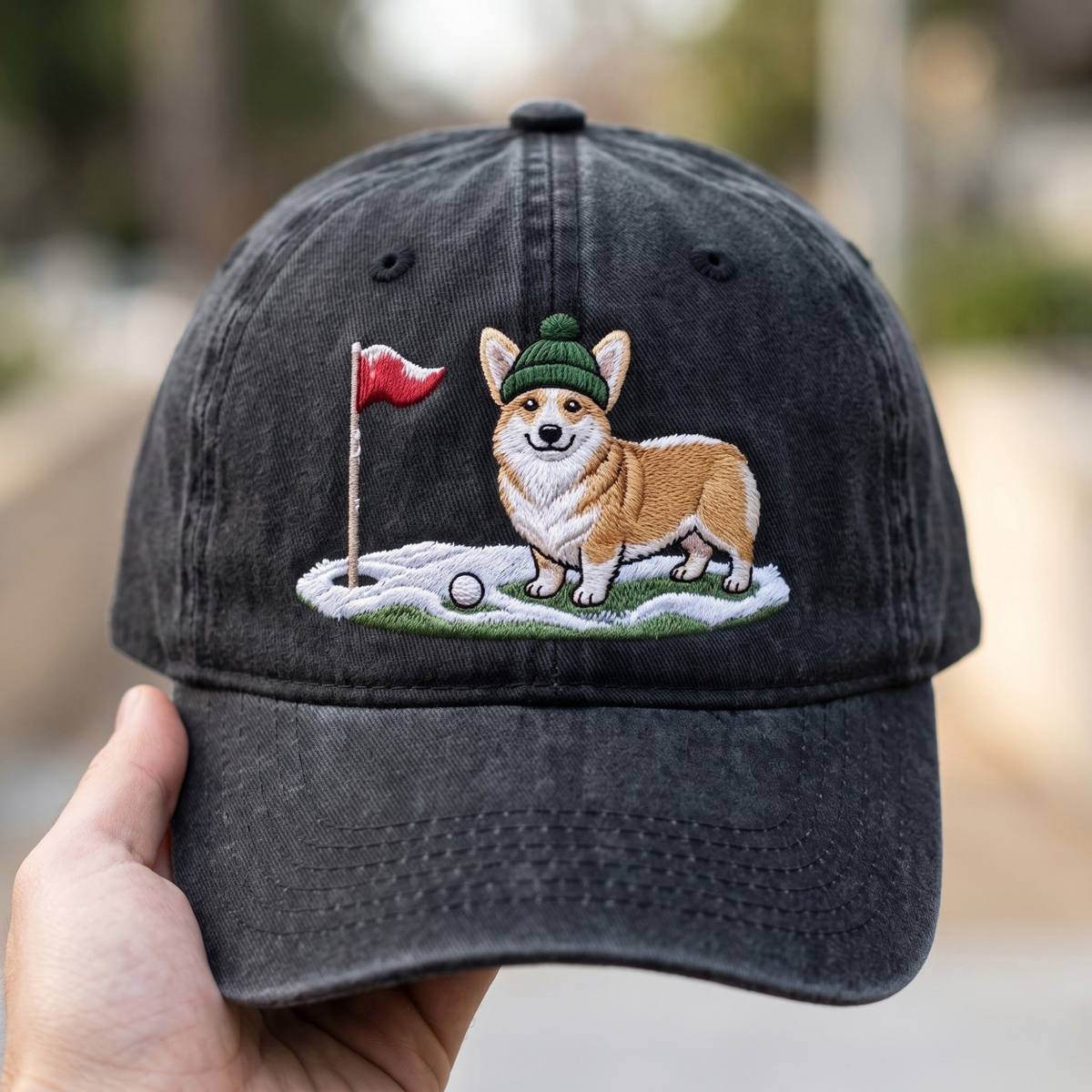 Embroidered corgi golfer winter golf hat