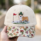Corgi Golfer Winter Golf Floral & Leopard Brim Hat - Front
