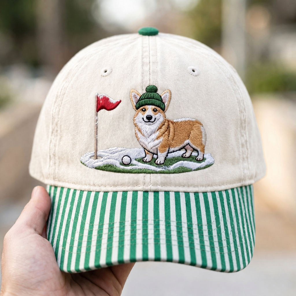 Corgi Golfer Winter Golf Gingham & Stripe Brim Hat - Front