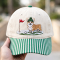 Corgi Golfer Winter Golf Gingham & Stripe Brim Hat - Front