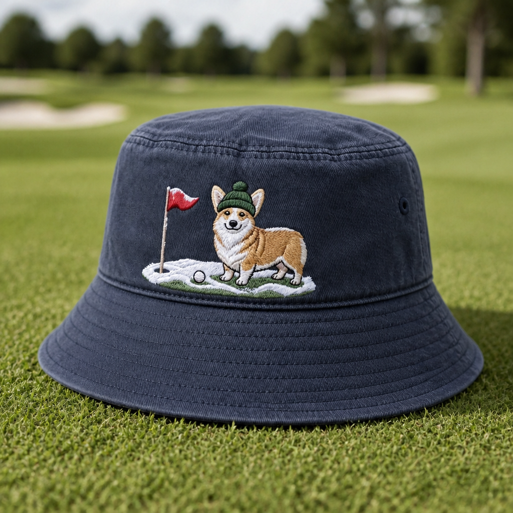Corgi Golfer Winter Embroidered Bucket Hat - Lifestyle, Navy